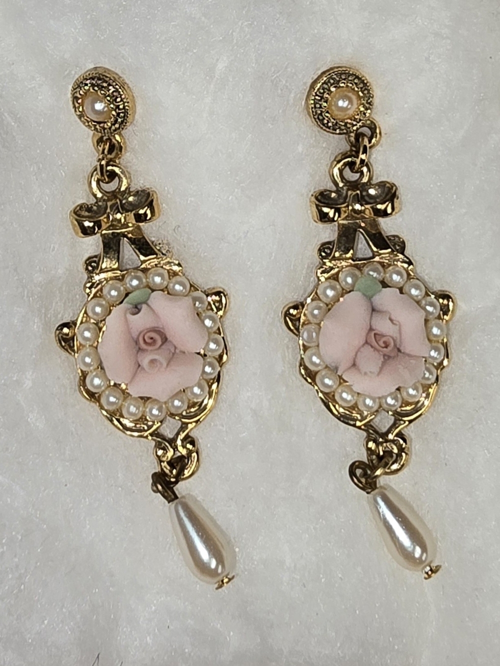 Gold Pearl Drop Earrings with Pink Rose Cameo